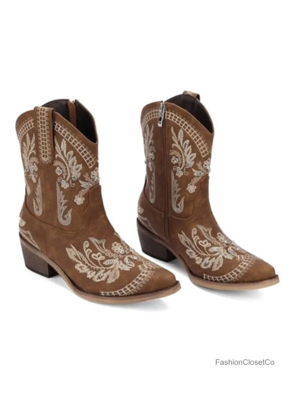 Rhinestone Embroidered Ankle Cowboy Boots with Low Heel Chunky Heel Side Zipper